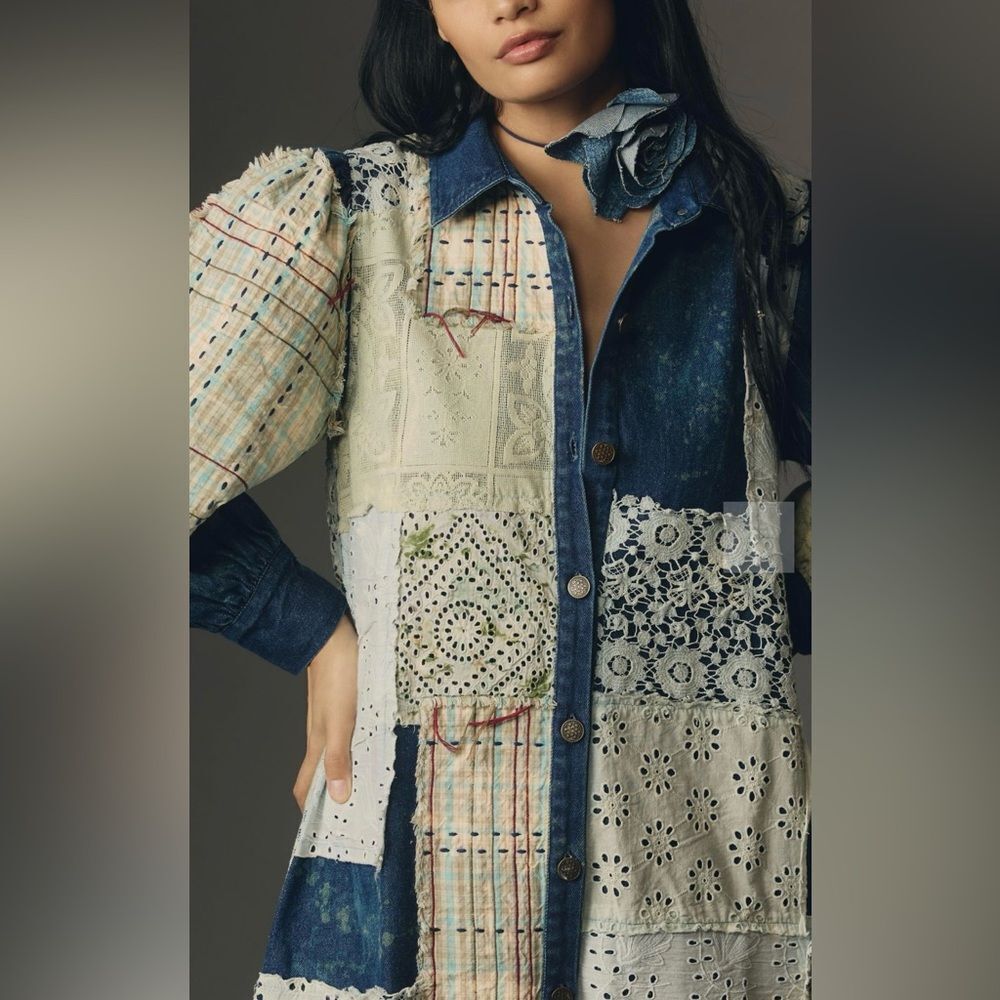 Anthropologie Let Me Be Denim Patchwork Shirt Dress - Picture 3 of 5